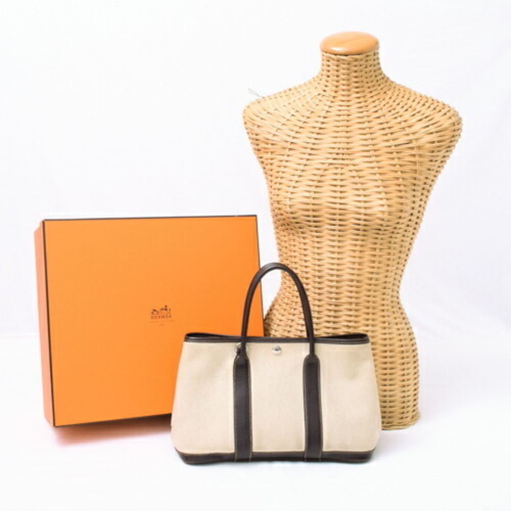 HERMES Garden Party TPM Toile Ash H Handbag Beige Brown